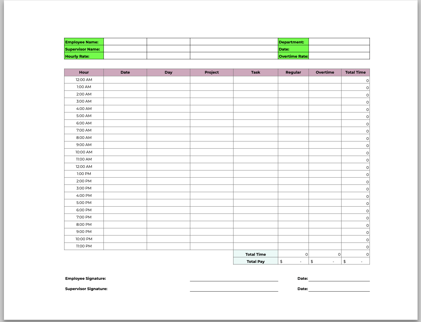 Daily timesheet template